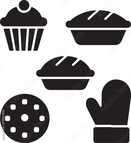 Set of five bold black vector icons representing baking and cooking elements for culinary themes