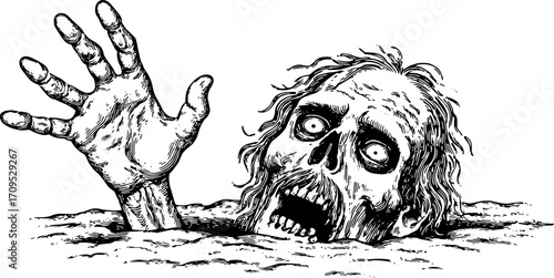 Eerie skull and hand illustration in vintage style. Detailed vector artwork showcasing horror elements in an engraving style.