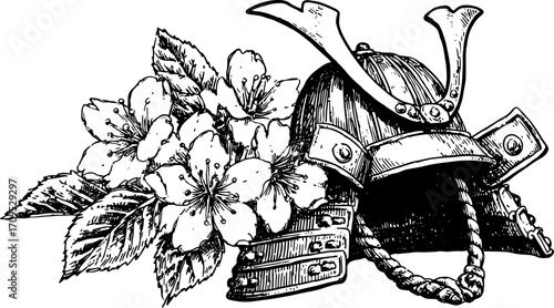 Samurai helmet surrounded by vintage flowers in an engraving style. This detailed vector illustration features a unique design set with floral elements.