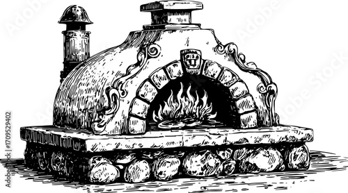 Vintage oven engraving showcasing detailed stone and wood design. A classic cooking appliance vector illustration highlighting craftsmanship.