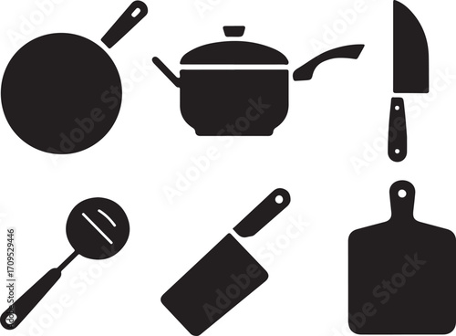 A collection of five bold black vector icons representing various cooking and kitchen elements for culinary design projects