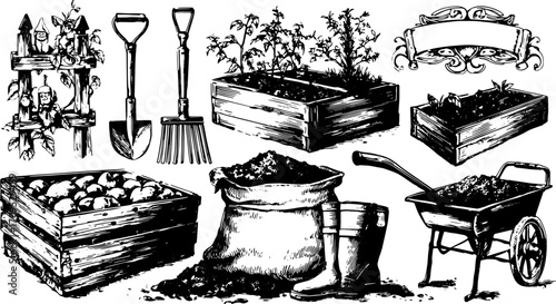 Garden tools including a shovel, rake, and cart in vintage engraving style. Features various garden elements in this vector illustration set.