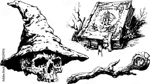 Vintage engraving set of a skull, hat, and book. Monochrome line illustration captures gothic and magical elements in a detailed design.