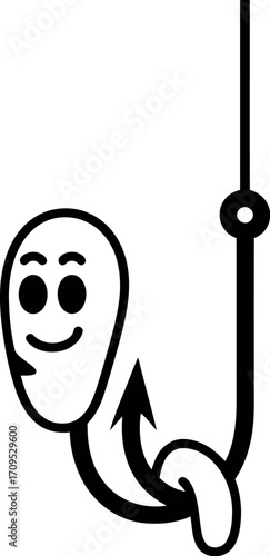 Happy worm smiling as it dangles on a fishing hook, ready for adventure