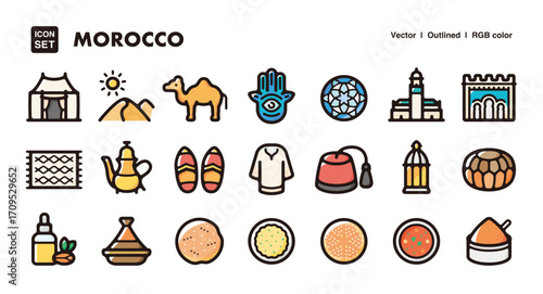 Morocco illustration icon set.Simple vector outlines, clipart for graphic design.	