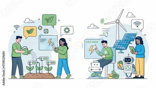 People embracing sustainable energy solutions by planting trees and installing solar panels for a greener future, showcasing environmental responsibility and innovation.