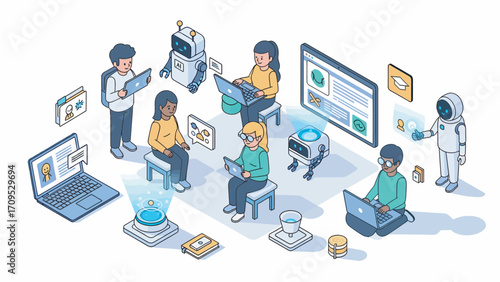 Diverse group of people collaborating with robots on laptops and tablets in modern workspace, showcasing teamwork and technological advancement.