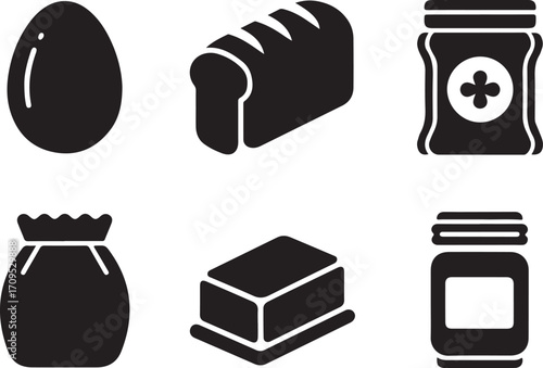 A collection of five bold black vector icons representing various food items perfect for culinary design projects