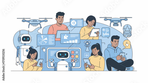 Diverse group of people interacting with robots and drones in a futuristic cityscape, showcasing technological advancements and humanmachine collaboration in a bright, optimistic mood.