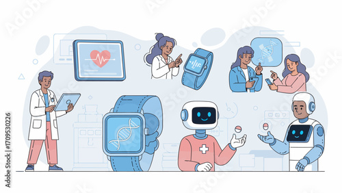 Doctors and robots use technology to monitor patients' health in modern hospital, showcasing innovation and efficiency in healthcare, emphasizing progress and care.