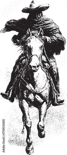 Cowboy riding a horse in poncho and hat, vintage black and white ink drawing. Traditional western style vector illustration with detailed texture.