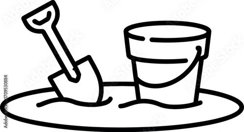 Simple illustration of a sand bucket and shovel ready for beach fun