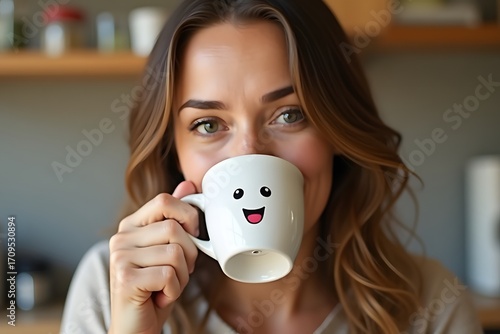 A woman sipping from a coffee mug with a smiling cartoon face on the cup.
