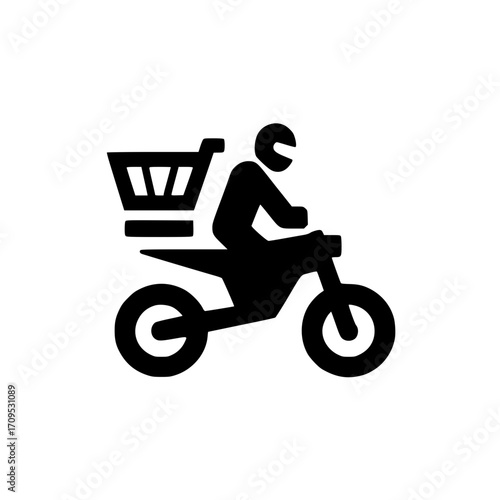 Fast shopping illustration showing cart with person on motorcycle representing rapid shipping