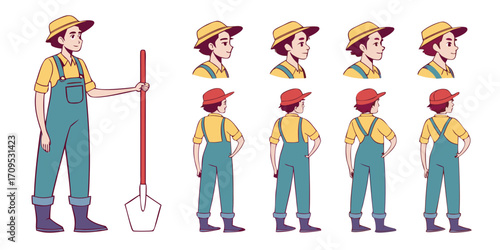 Farmer or gardener worker wearing overall uniform holding work tool. Character for animation. Front, side and back view set. Body parts, postures, poses collection. Vector illustration.
