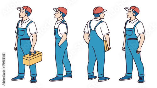 Handyman, repair worker, plumber in uniform. Character constructor for animation. Front, side and back view set. Body parts, postures, poses collection. Vector illustration