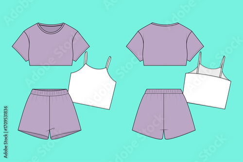 Girls Casual 3-piece Dress, Short Sleeve Crop T-shirt, Camisole Tops with Shorts Set Fashion Technical Flat Sketch Mockup Template.