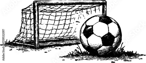 Soccer ball and goal in vintage engraving style. This set features a detailed line drawing suitable for sports-themed graphic design vector illustration.