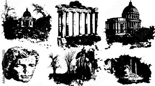 Engravings of vintage architecture featuring monuments and statues. Black and white vector illustration showing historical structures in a set.