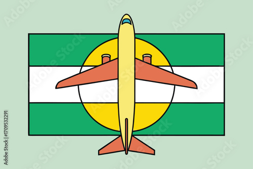 Airplane flying over a flag with green white and yellow stripes and a yellow circle aircraft