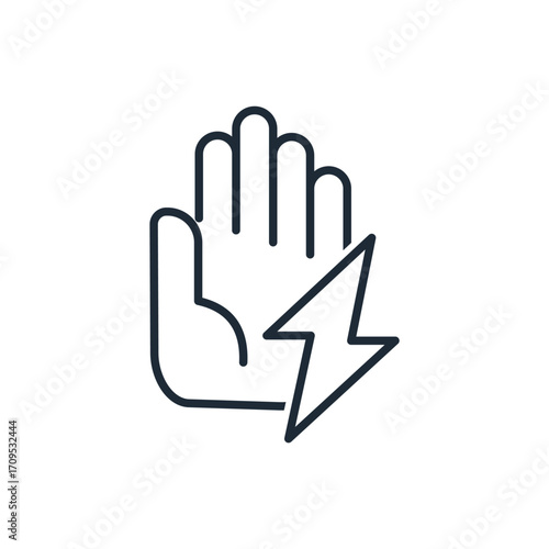 Hand with lightning.  Active doer, user. Activist. Vector linear icon illustration isolated on white background.