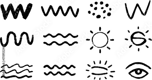 Black lines and shapes create abstract patterns on a white background. Minimal vector illustration set with sketched textures.