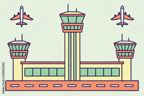 Airport Control Tower and Airplanes Illustration abstract flat