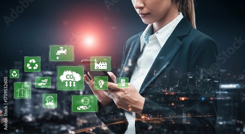 Business Woman using Tablet with Green ESG Icons | Environmental, Social, and Governance Strategy for Sustainable Business and Corporate Responsibility