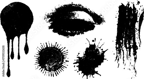 Black ink stains and splashes in vintage style. Unique texture and design elements for illustration or creative backgrounds in vector format.