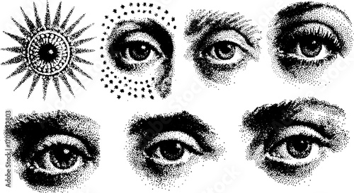 Eye illustrations in vintage style with geometric patterns and textures. Monochrome vector illustration set featuring detailed expressions.