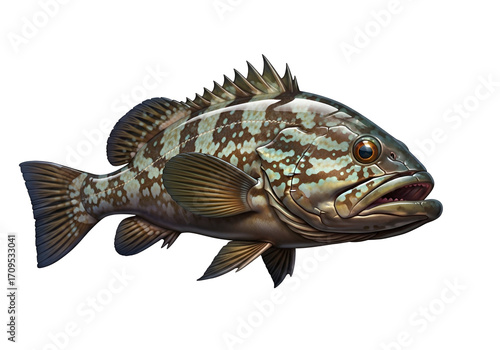 A detailed illustration of a grouper fish, showcasing its intricate patterns and textures against a dark background.
