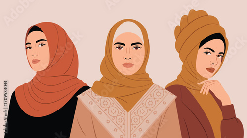 Illustration of three women wearing hijabs in different shades of brown and neutral background tones