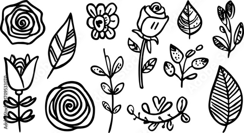 Vintage line drawing set of flowers and leaves. This illustration features black outline designs, ideal for artistic purposes in vector format.