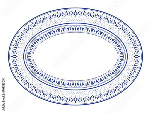 An elegant oval frame with classic blue and white floral pattern. Refined border. Blue and white floral plate. Design evokes sense of traditional art, reminiscent of fine china Delftware, earthenware