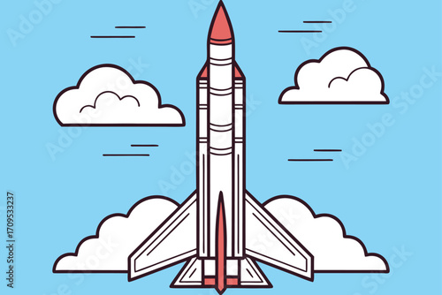 Cartoon Rocket Launching into Sky with Clouds and Lines space spaceship