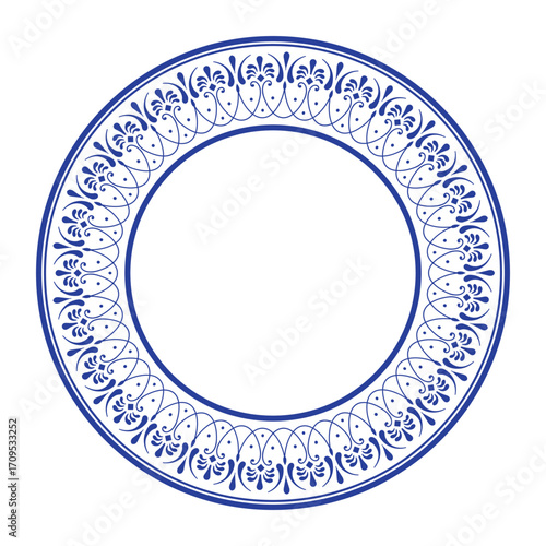 An elegant round frame with classic blue and white floral pattern. Refined border. Floral plate. Design evokes sense of traditional art, reminiscent of fine china Delftware, earthenware, ceramics