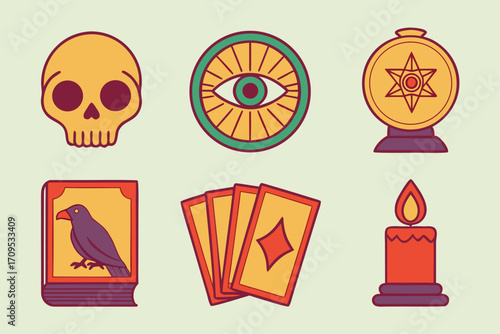 Collection of Mystical and Occult Symbols in Flat Design Keywords: skull, eye, crystal ball, book, raven