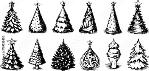 Christmas trees in black and white vector illustration style. Hand-drawn and decorative set showcasing various tree shapes and designs.