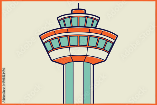 Colorful cartoon airport control tower with orange and teal accents air traffic control aviation