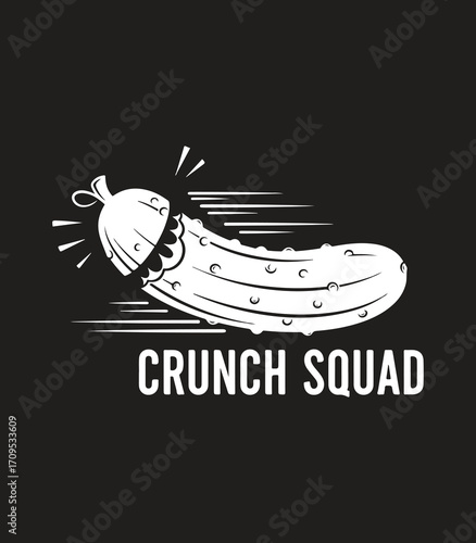 "Crunch Squad Funny Pickle Illustration with Helmet and Motion Lines – Quirky Vector Design on Black Background"