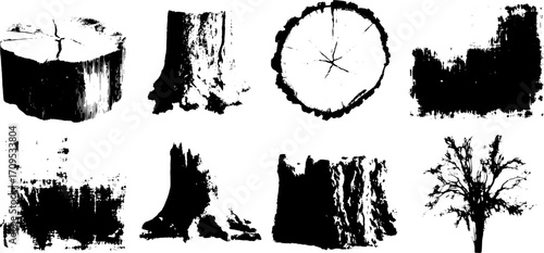 Tree trunk vector illustrations showcasing log cross-sections. Simple and textured set of grunge illustrations for various uses.