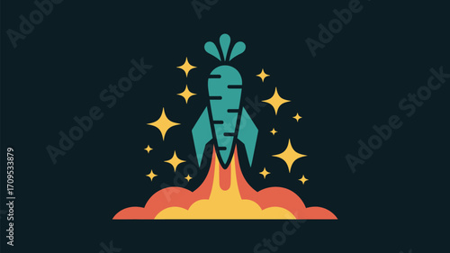 A cartoon illustration of a carrot rocket launching with stars on a dark blue background design art