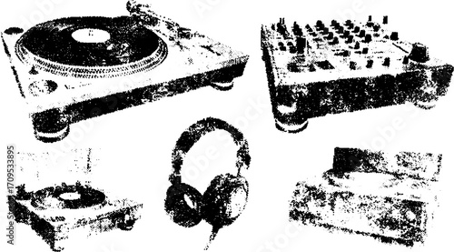Vintage record player and DJ equipment set in line drawing style. Engravings of turntable, mixer, and headphones vector illustration.