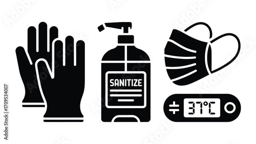 A black and white illustration showing a pair of gloves, hand sanitizer, a mask, and a thermometer