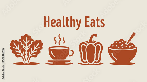 A graphic illustration showing healthy eats with a plant, cup of coffee, pepper, and a bowl of food item