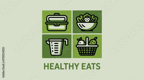 Illustration of food container salad bowl measuring cup and fruit basket in green squares layout