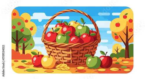 Autumn Harvest Basket of Apples in Orchard Illustration