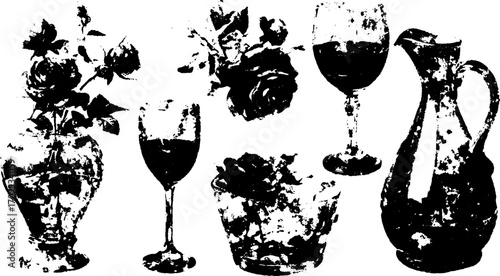 Vintage engraving set featuring glassware and roses. This vector illustration showcases a vase, wineglass, bowl, and pitcher with botanical details.