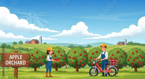 Eco-Friendly Apple Orchard Harvest with Farmer vector illustration