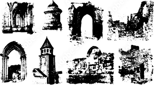 Engravings and line drawings depicting vintage architecture and ruins. Black and white texture outlines in a classic vector illustration set.